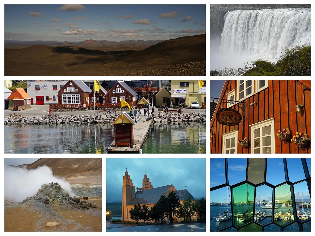 Eine Collage aus isländischen Landschaften, darunter ein Wasserfall, Seen und Naturpanoramen.