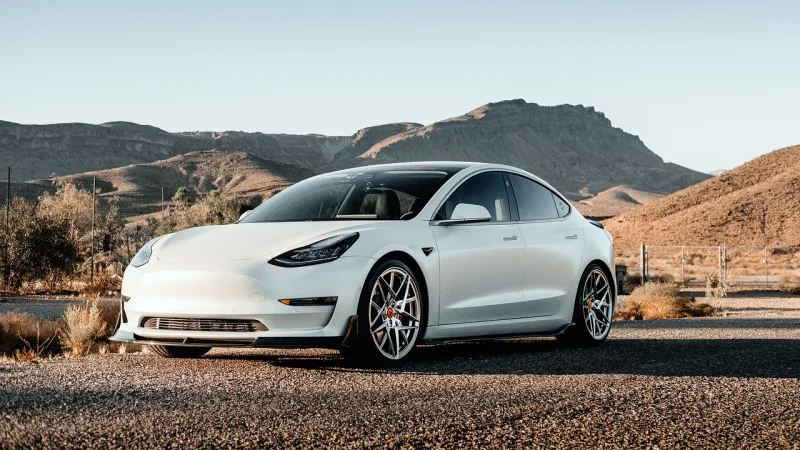 Ein weisses Tesla Model 3 fährt auf einer Strasse mit Bäumen im Hintergrund.