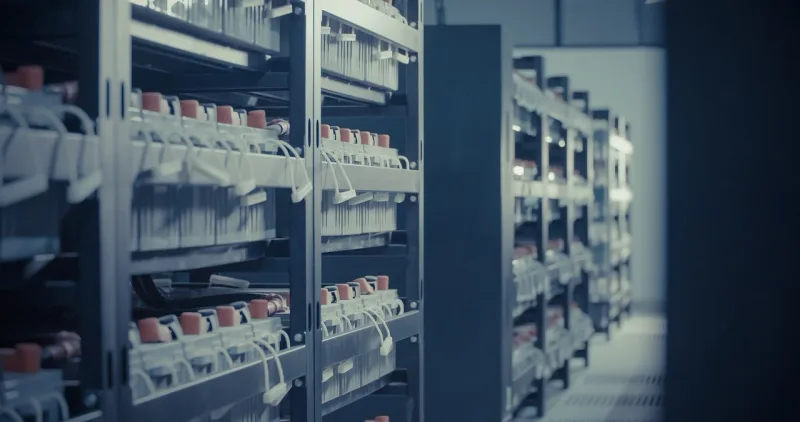 Eine Reihe von Serverracks mit blinkenden Lichtern in einem modernen Rechenzentrum, symbolisierend digitale Infrastruktur.