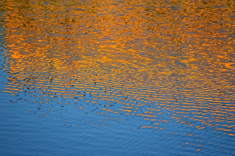 Eine Wasseroberfläche spiegelt goldenes Licht wider und erzeugt leichte Wellen.
