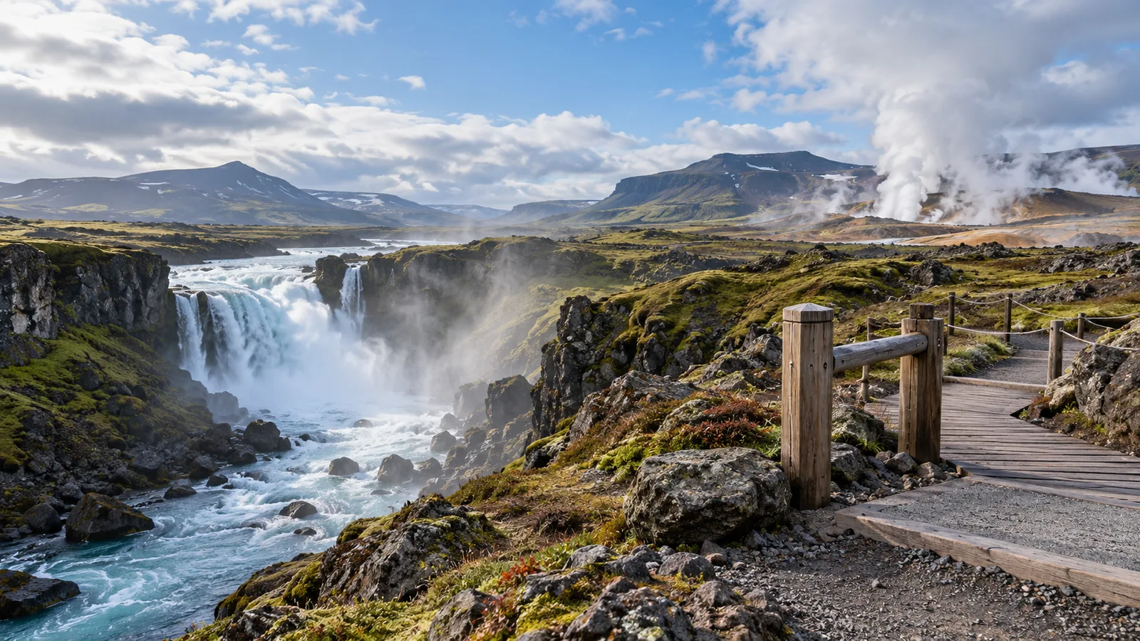 KI-generiertes Symbolbild: isländische Vulkanlandschaft mit Wasserfall, Dampfschwaden und einem unmarkierten Wanderweg.