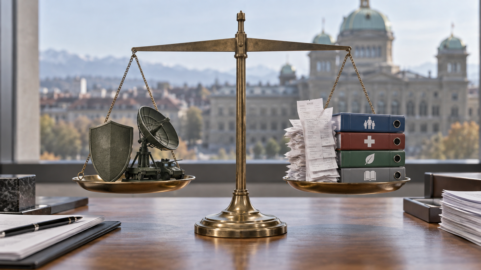 Eine Waage stellt militärische Ausrüstung den Belegen und Akten anderer Bundesaufgaben gegenüber.