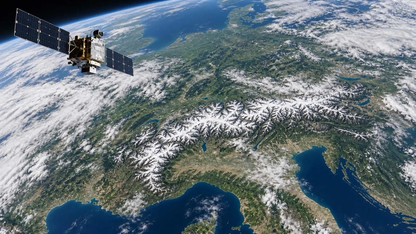 Ein Erdbeobachtungssatellit überfliegt Europa mit den schneebedeckten Alpen im Zentrum.