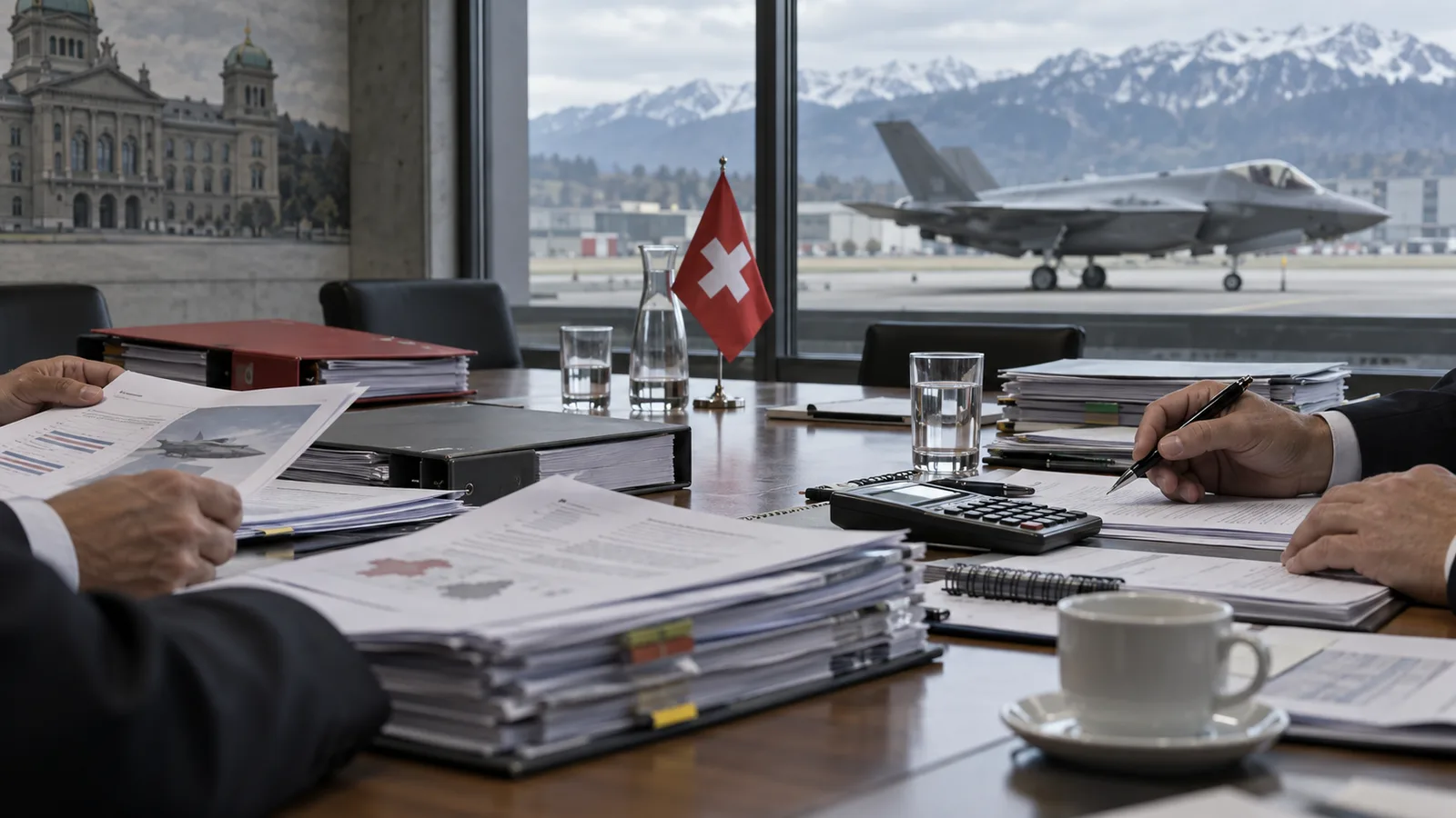 Ein F-35-Kampfjet auf einem Schweizer Militärflugplatz mit Aktenmappe im Vordergrund.