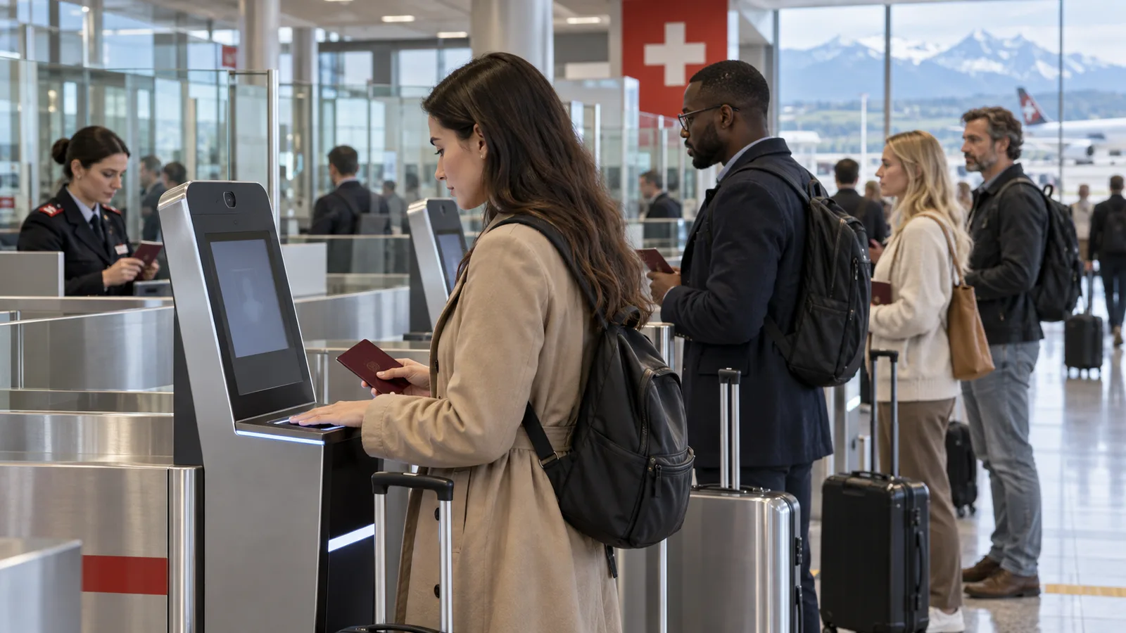 Reisende passieren mit Pässen und Gepäck eine biometrische Kontrolle an einem Schweizer Flughafen.
