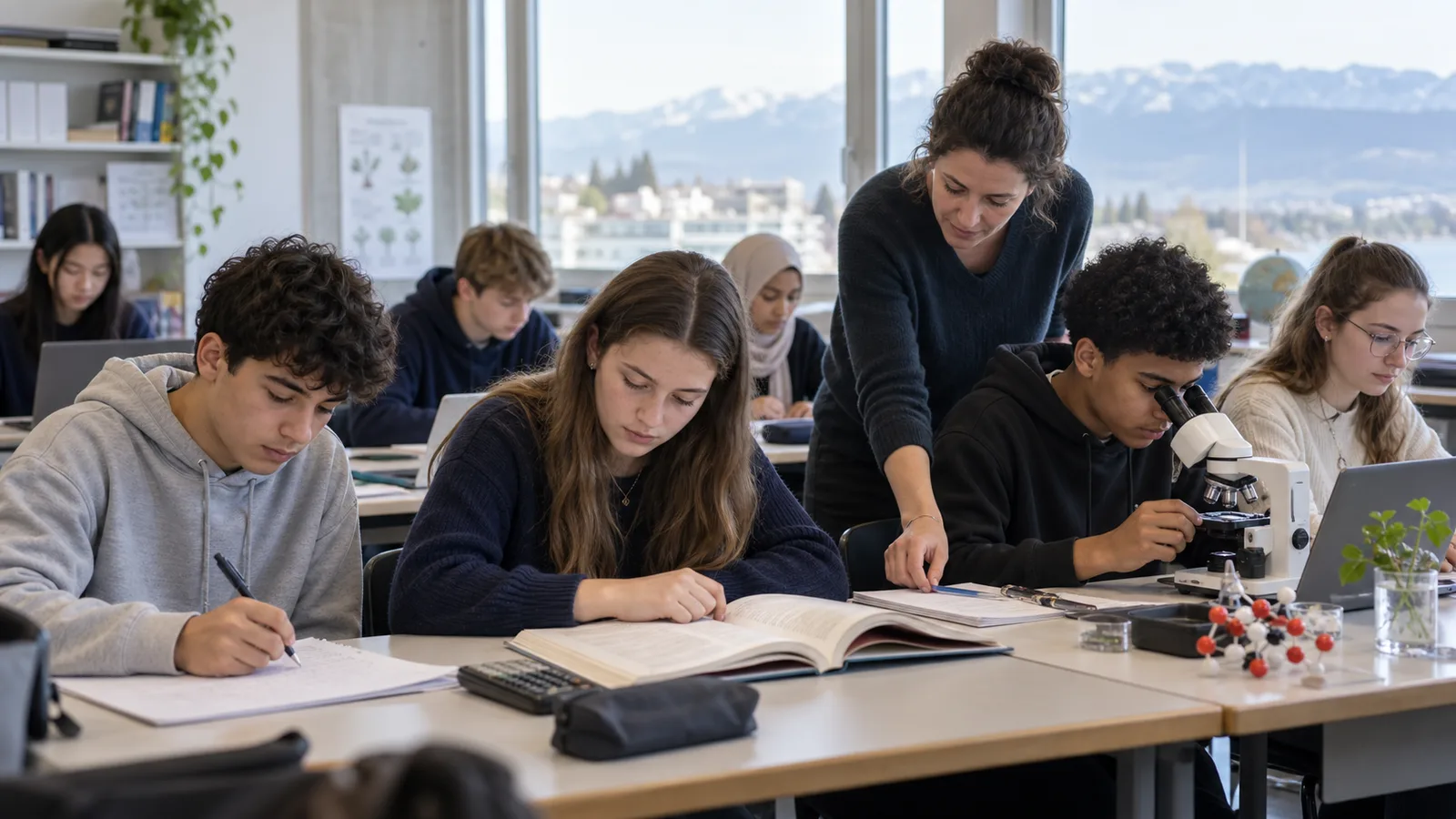 Jugendliche lernen in einem Schweizer Klassenzimmer mit Buch, Mikroskop und Rechenaufgaben.