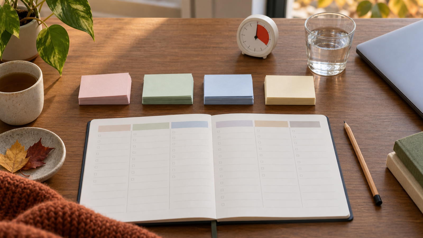 Karteikarten, Timer und Wochenplan auf einem Schreibtisch