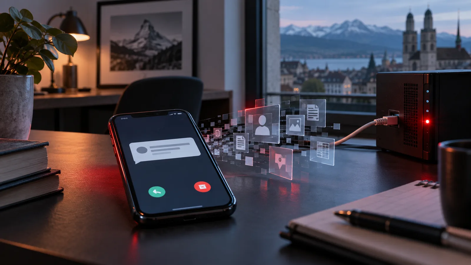 Ein Smartphone mit Symbolen für Kundendaten steht neben einem rot leuchtenden externen Server in einem Zürcher Büro.