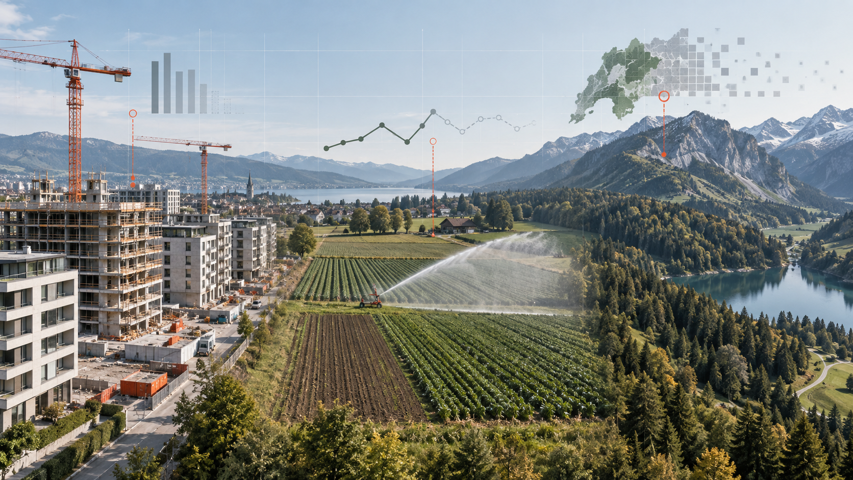 Wohnungsbau, landwirtschaftliche Bewässerung und Schweizer Landschaft werden durch verblassende Datenlinien verbunden.