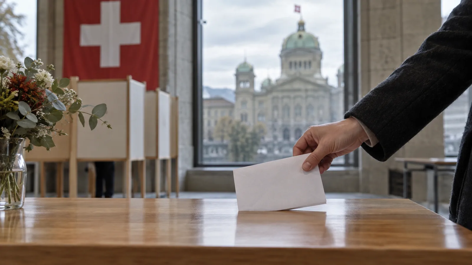 Schweizer Fahne vor dem Bundeshaus mit einer dezenten Weltkarte als Symbol für die Neutralitätsdebatte.