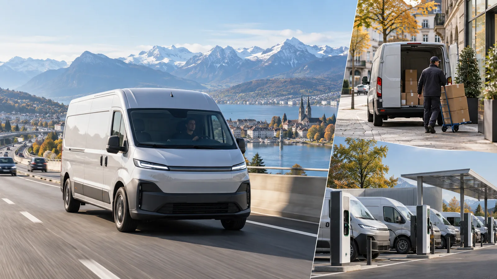 Elektrische Lieferwagen fahren auf einer Schweizer Autobahn, liefern Pakete aus und laden an einem Depot.