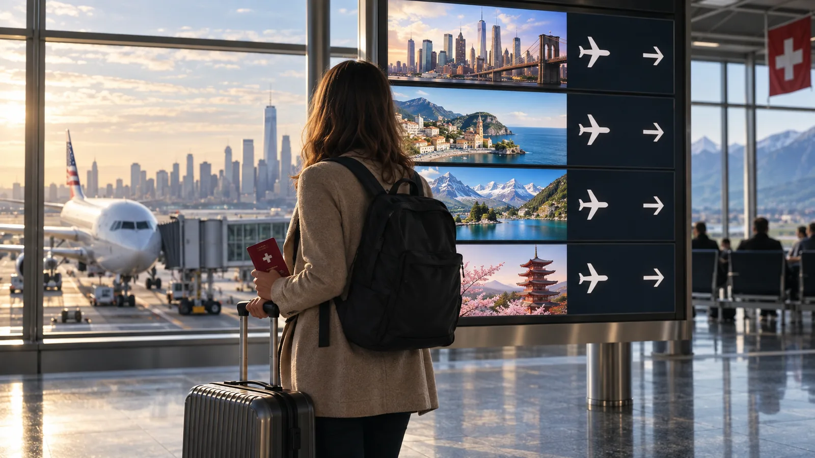 Eine Schweizer Reisende mit Koffer betrachtet am Flughafen verschiedene mögliche Fernreiseziele.