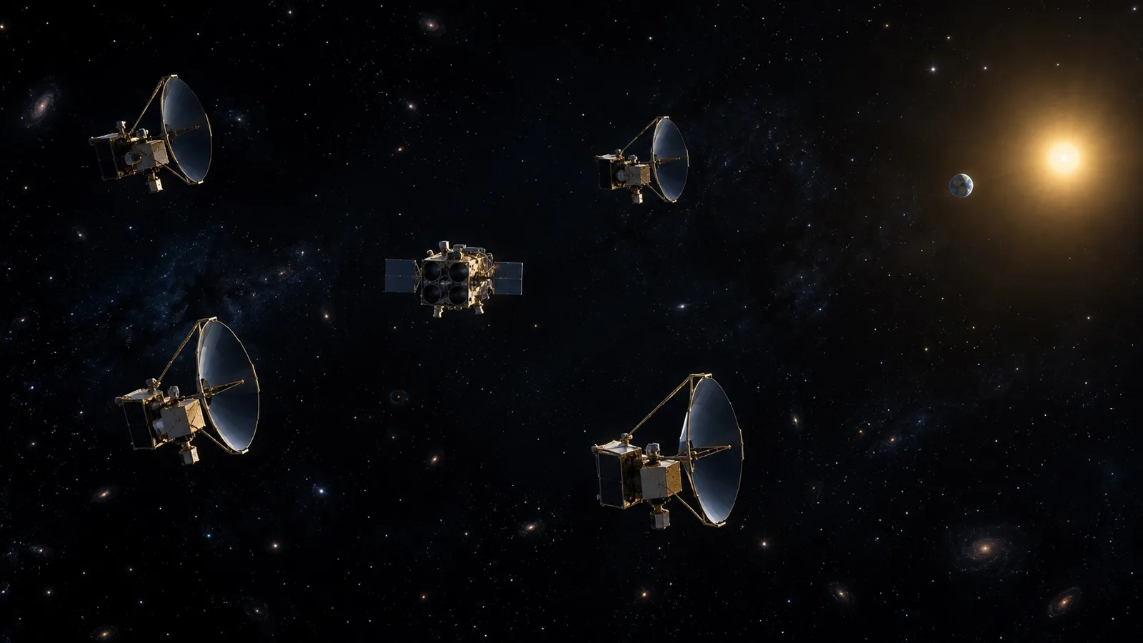Four separate space telescopes and a central satellite observe a distant Earth-like planet.