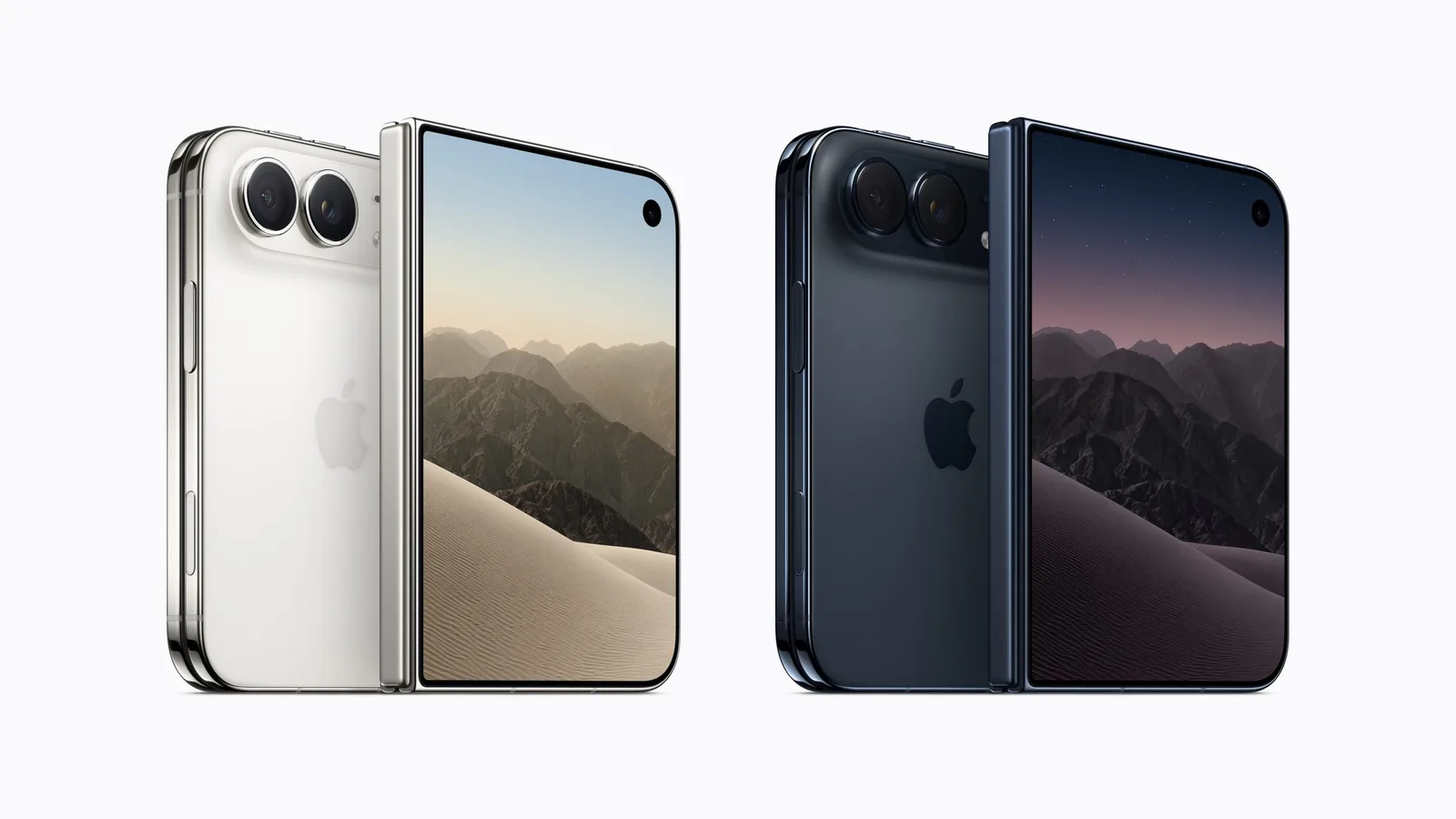 Vier iPhone-Duo-Geräte sind in Sternenweiss und Nachthimmel von vorne und hinten abgebildet.