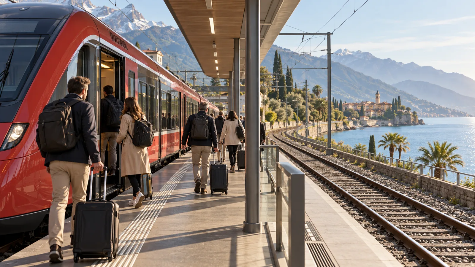 Reisende steigen an einem Alpenbahnhof in einen roten Fernzug Richtung Süden.
