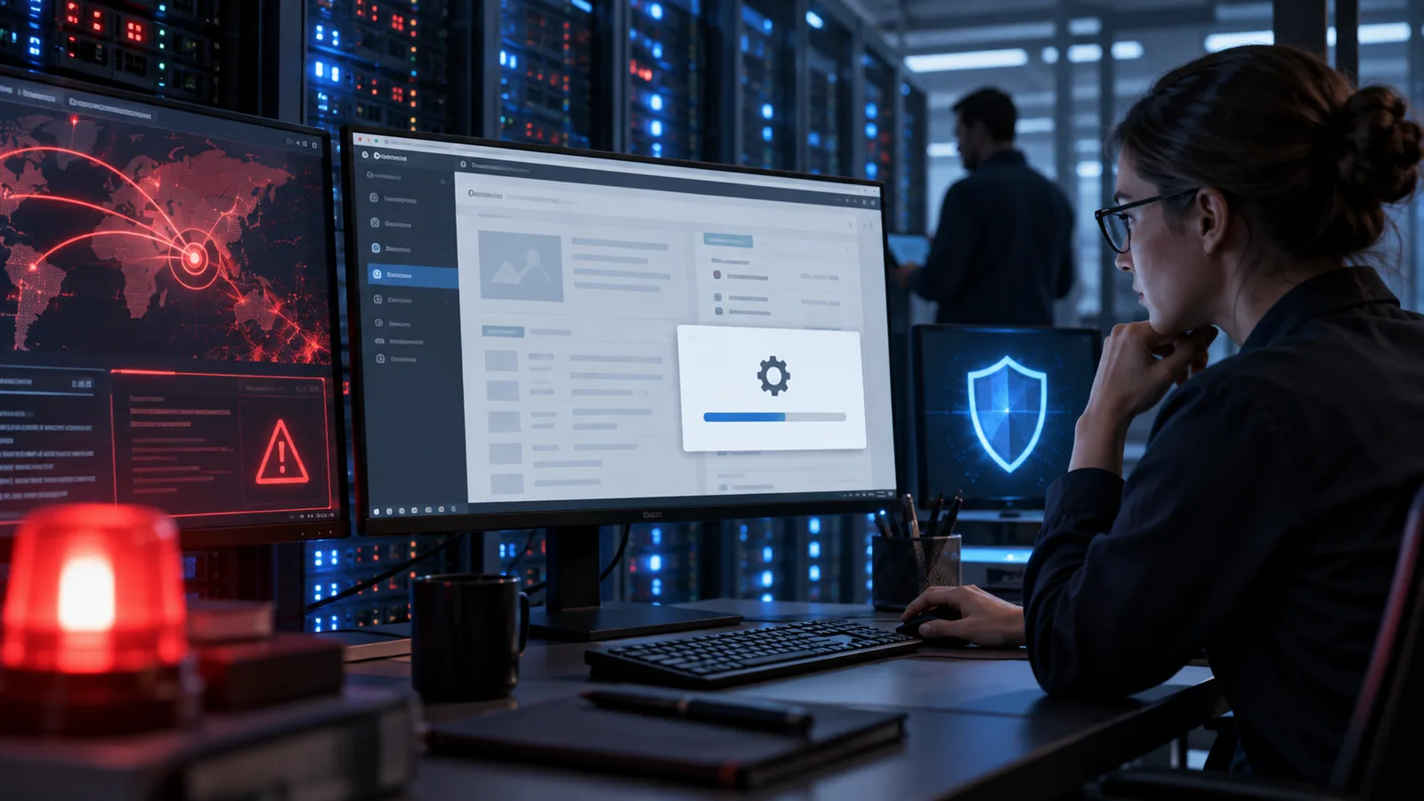 Eine Sicherheitsfachperson installiert vor Serverracks einen dringenden Schutzpatch.