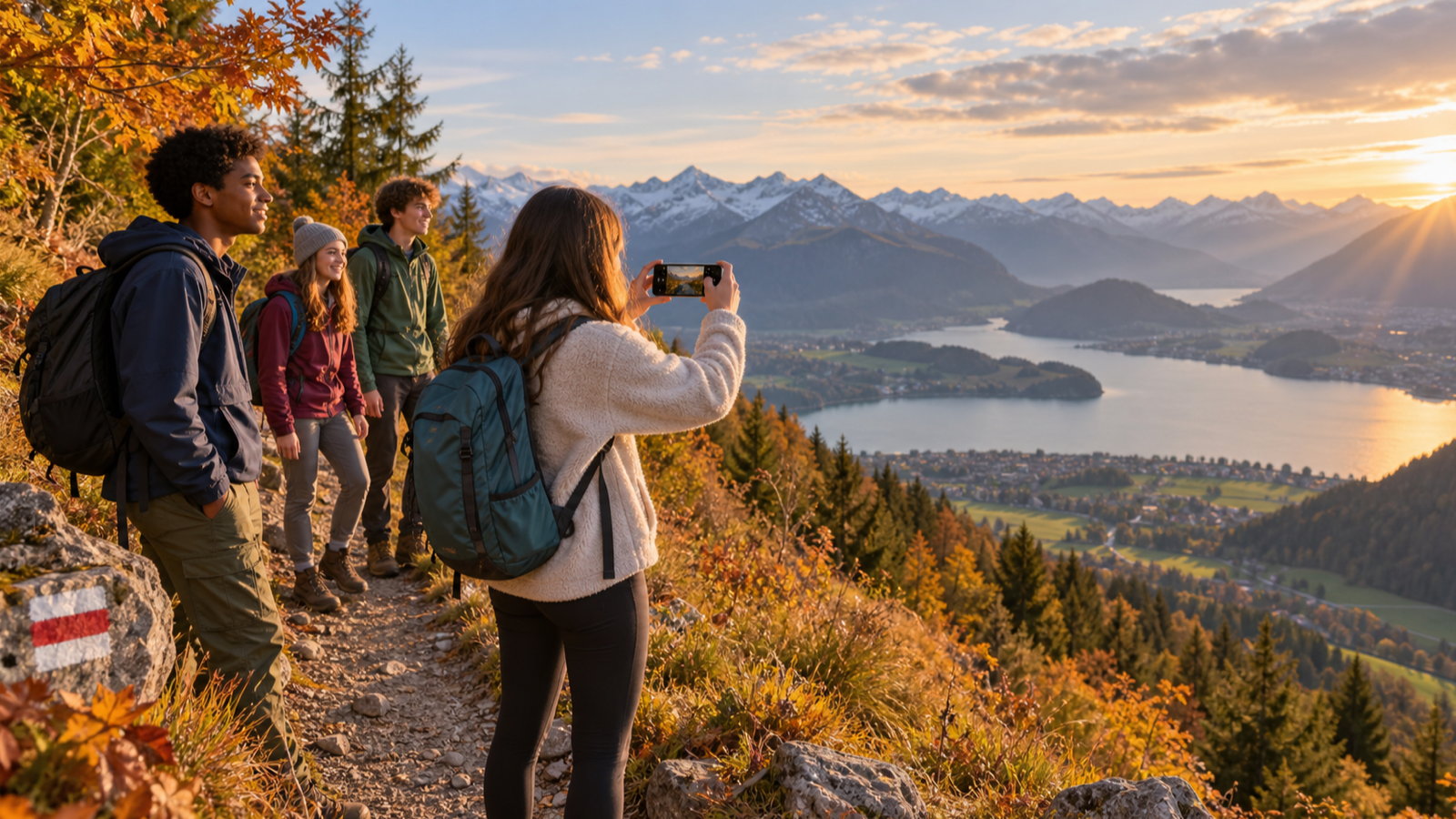 Jugendliche wandern auf einem einfachen markierten Weg und fotografieren die Herbstlandschaft