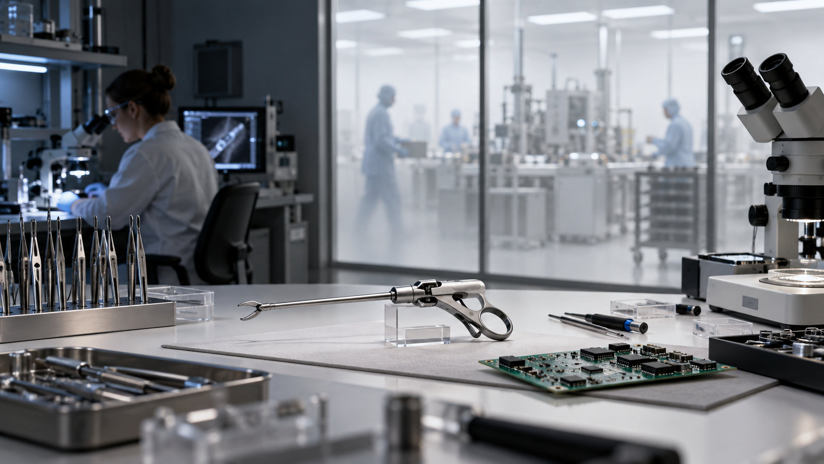 Ein chirurgisches Präzisionsinstrument und Elektronik liegen in einem Medtech-Labor, während Forschende im Hintergrund arbeiten.