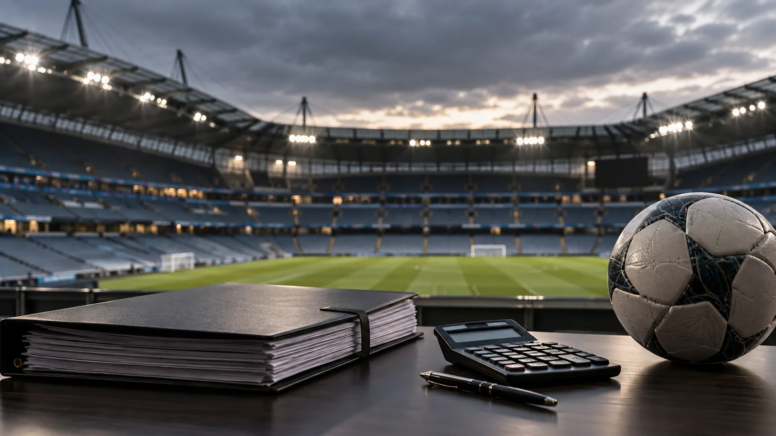Empty football stadium with a ball, financial folder and calculator in the foreground.