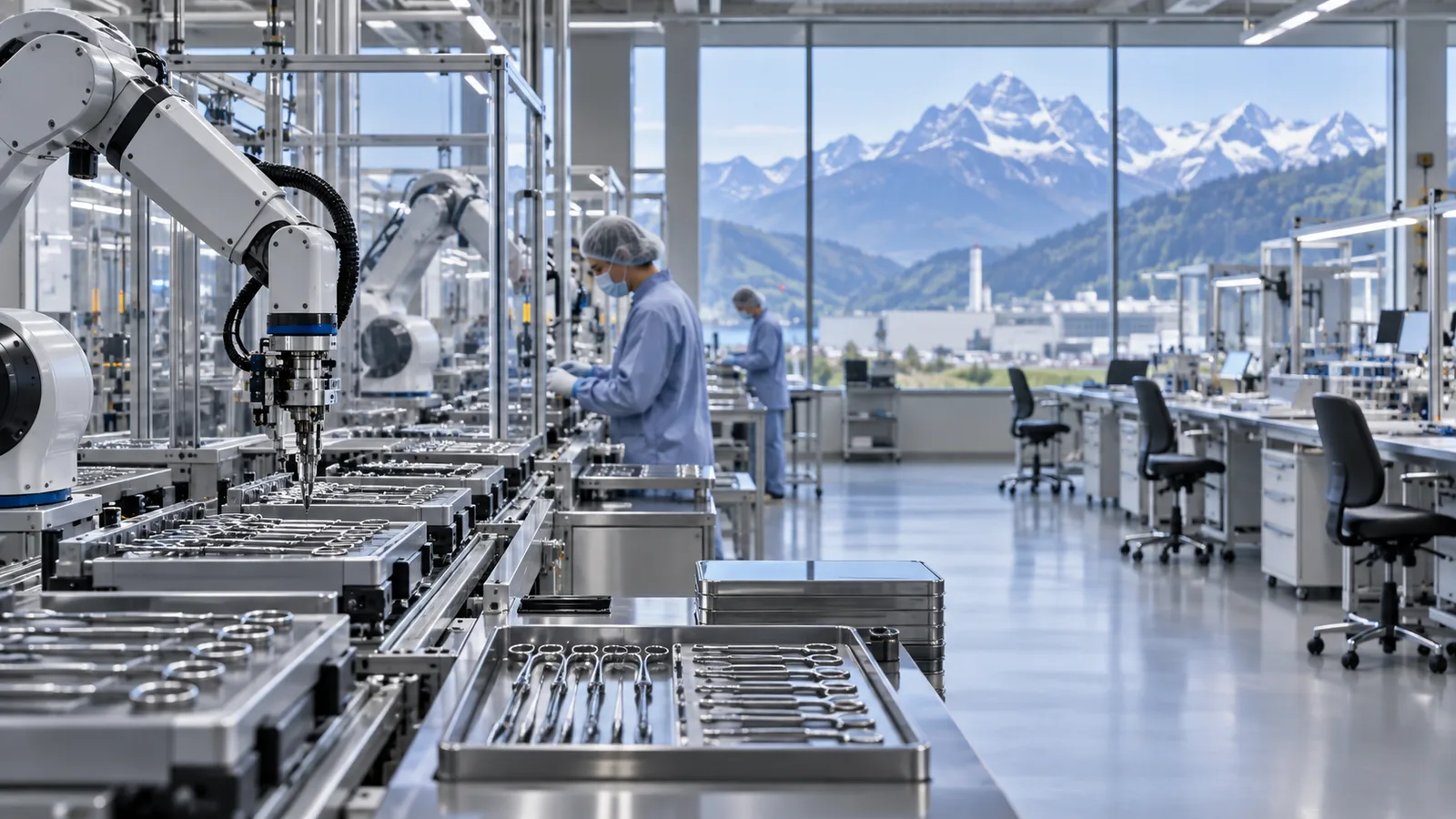 Automatisierte Fertigung von chirurgischen Instrumenten in einer modernen Schweizer Medtech-Fabrik.