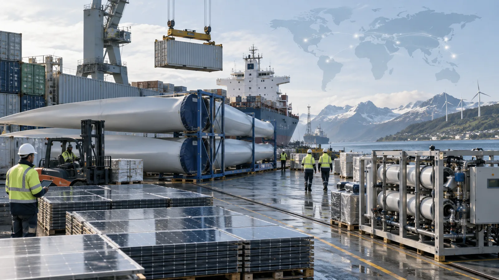 Umwelttechnologien wie Solarmodule, Windturbinen und Wassertechnik werden in einem Hafen verladen.