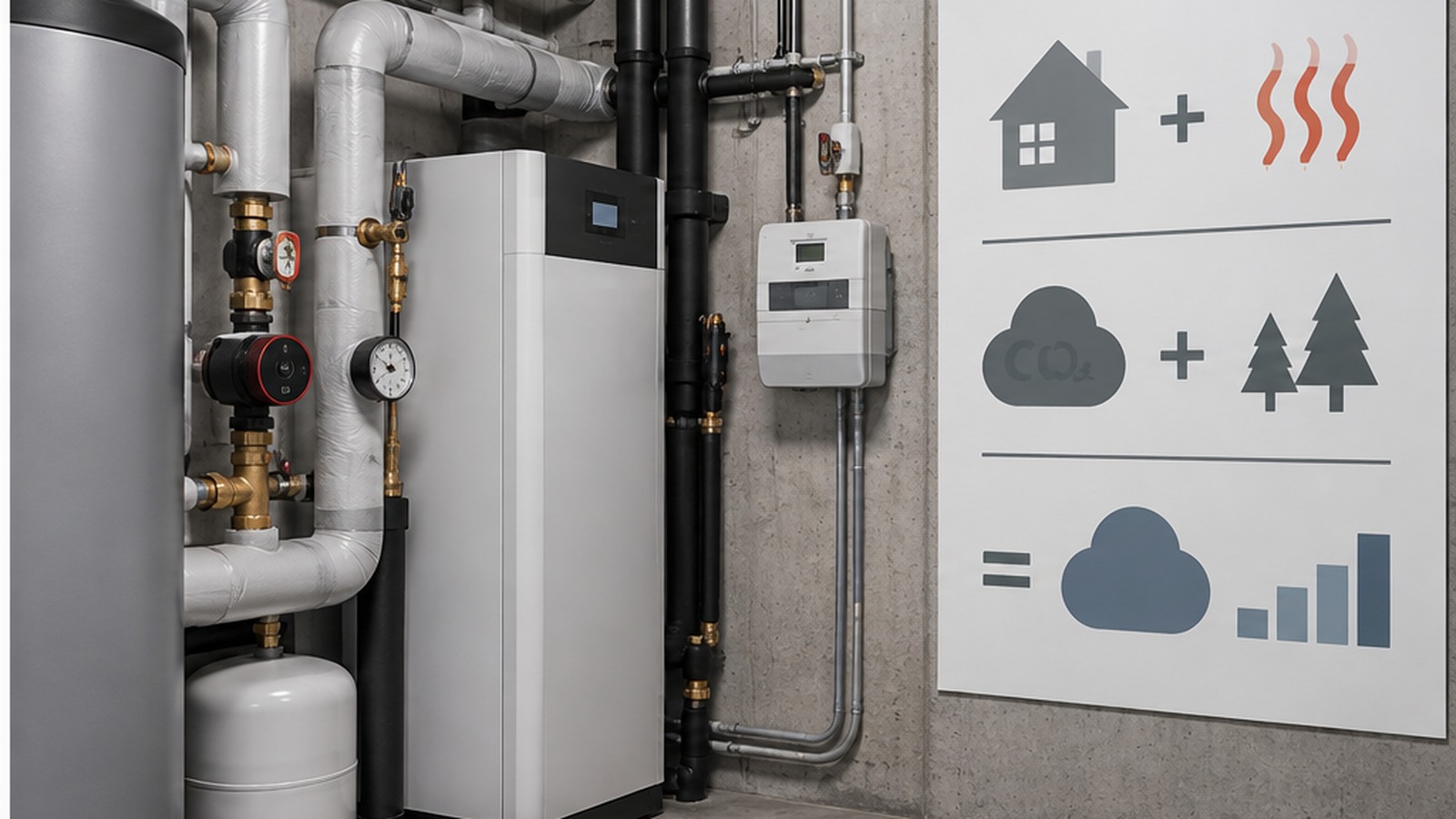 Technischer Heizungsraum mit Wärmeerzeuger, Leitungen und neutraler Emissionsgrafik.