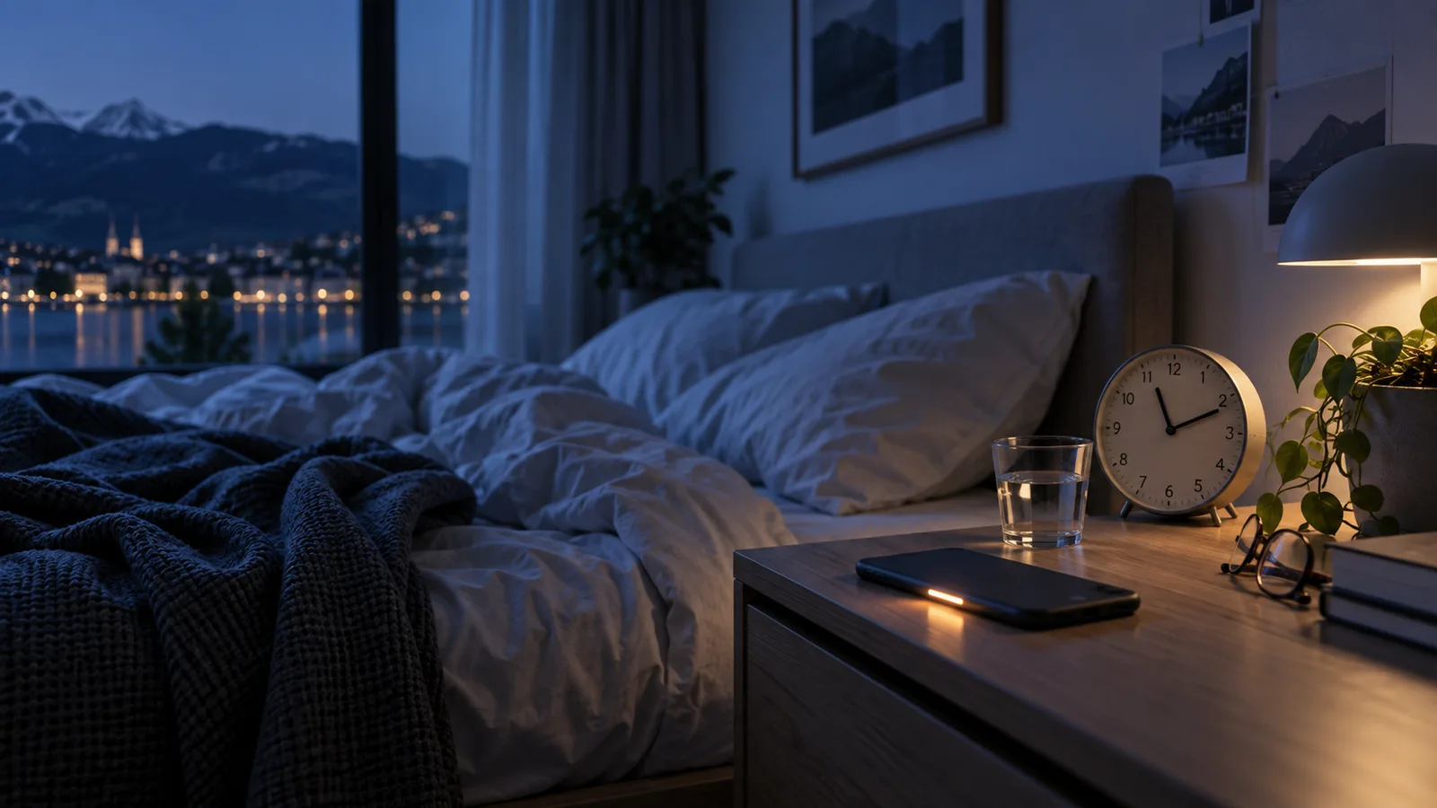 Ein nächtliches Schlafzimmer mit Smartphone und Wecker als Symbol für Schlaf und digitale Gewohnheiten.