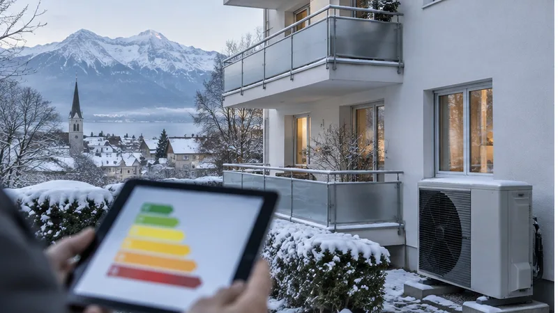 Schweizer Mehrfamilienhaus im Winter mit Wärmepumpe und Tablet mit abstrakter Energieskala.