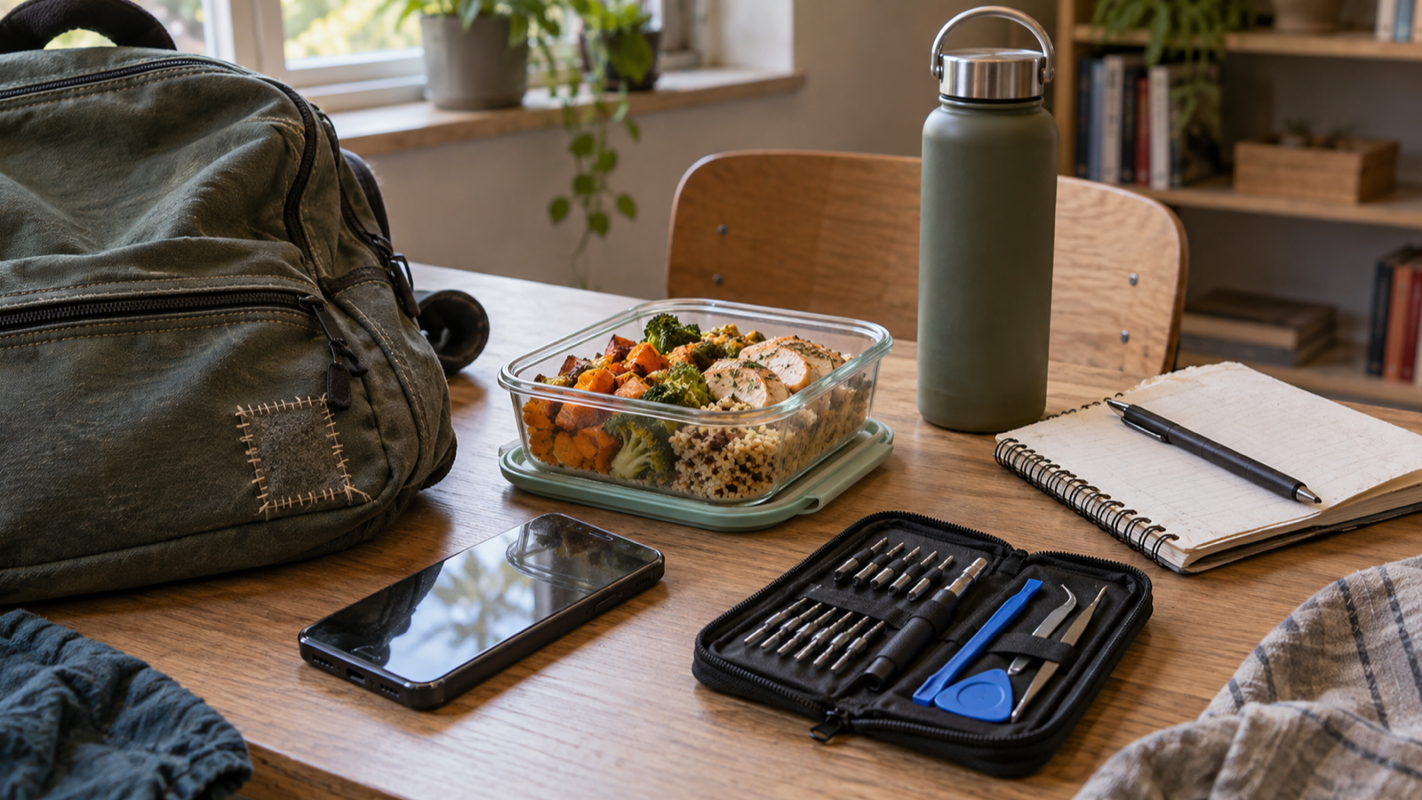 Wiederverwendbare Lunchbox, reparierter Rucksack und älteres Smartphone