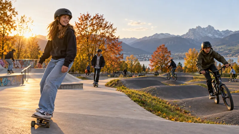 Jugendliche fahren mit Helm auf einem Pumptrack im herbstlichen Park