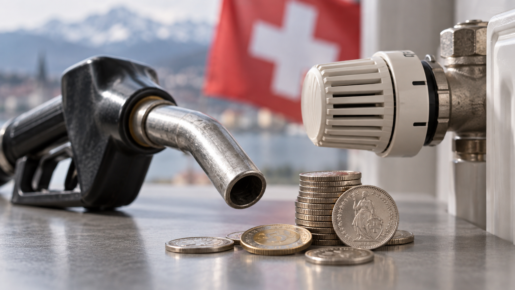 Zapfpistole, Heizungsventil und Schweizer Franken als Symbol für Energiekosten
