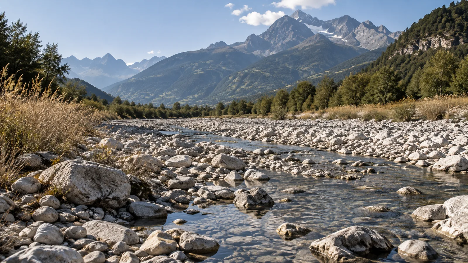 Niedriger Wasserstand in einem Schweizer Flussbett im Spätsommer