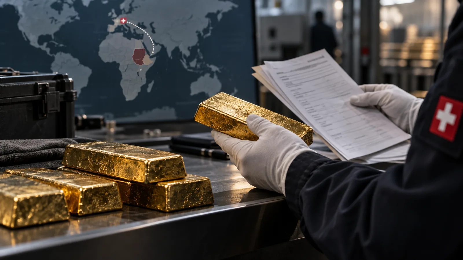 Goldbarren werden bei einer Schweizer Zollkontrolle anhand von Herkunftsdokumenten geprüft.