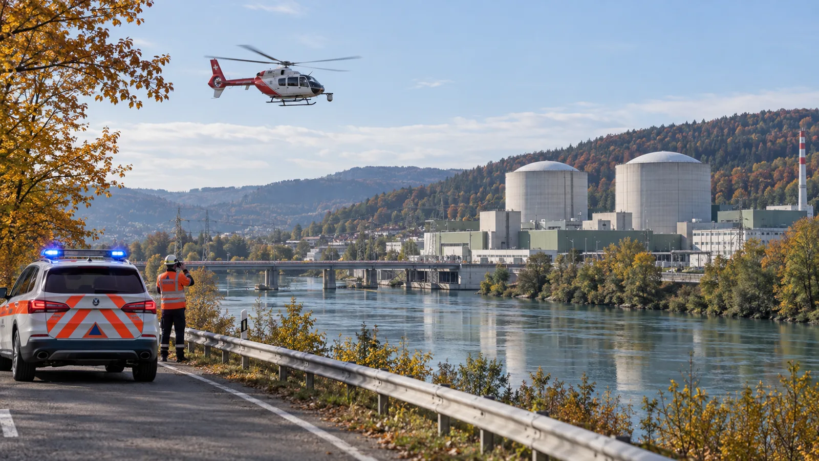 Ein Messhelikopter und Einsatzkräfte üben ruhig vor einem Schweizer Kernkraftwerk an der Aare.