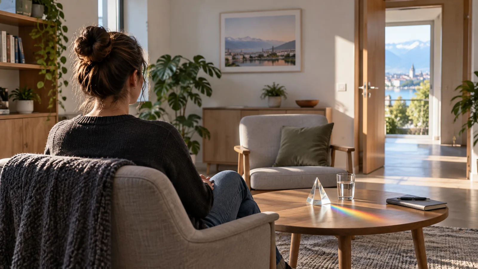Eine Person sitzt in einem hellen Beratungsraum; ein Lichtprisma und eine offene Tür symbolisieren Selbstbestimmung.