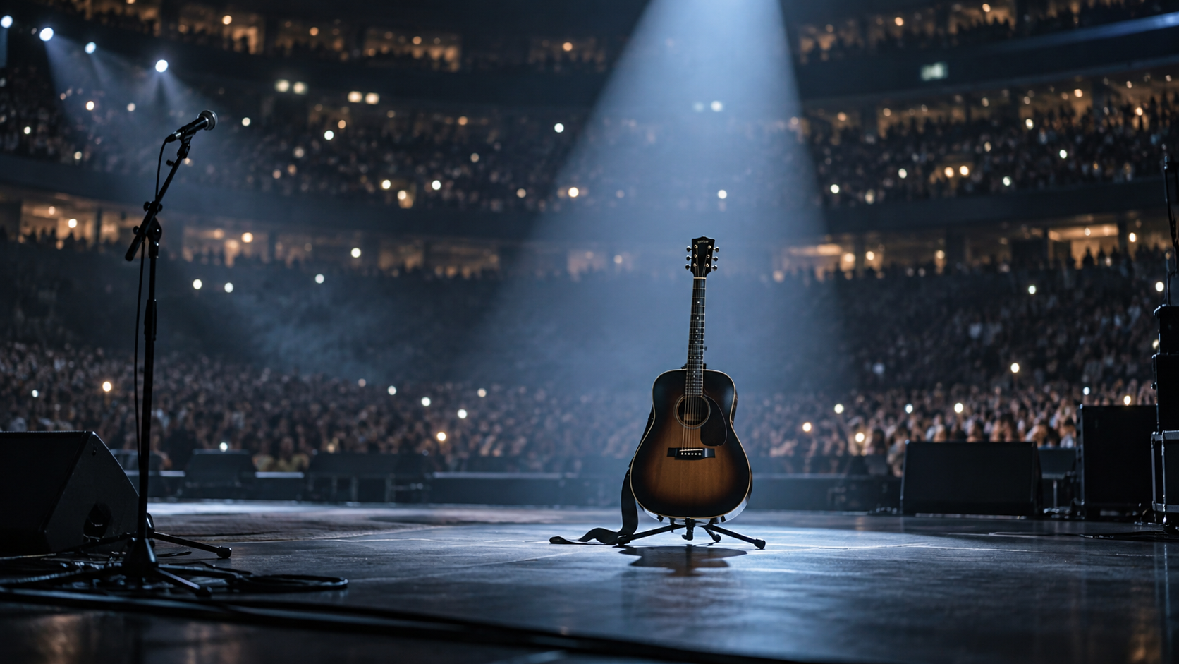 Eine Akustikgitarre steht zwischen leeren Mikrofonen im Scheinwerferlicht einer Arena.