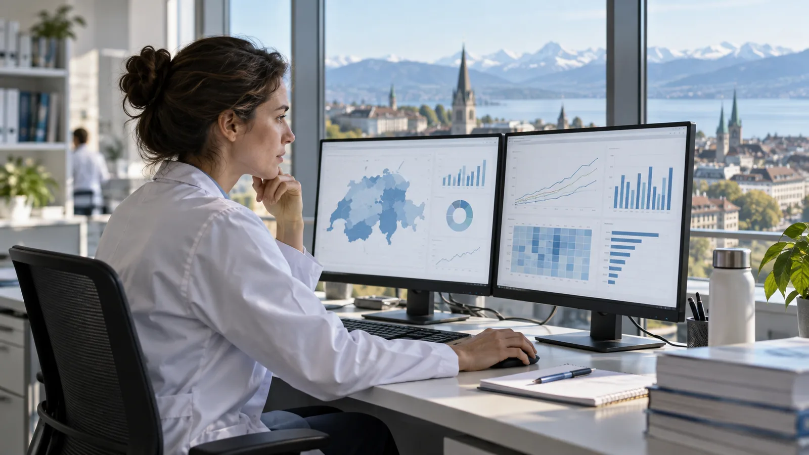 Eine Fachperson analysiert anonymisierte Krebsregisterdaten in einem modernen Forschungsbüro.