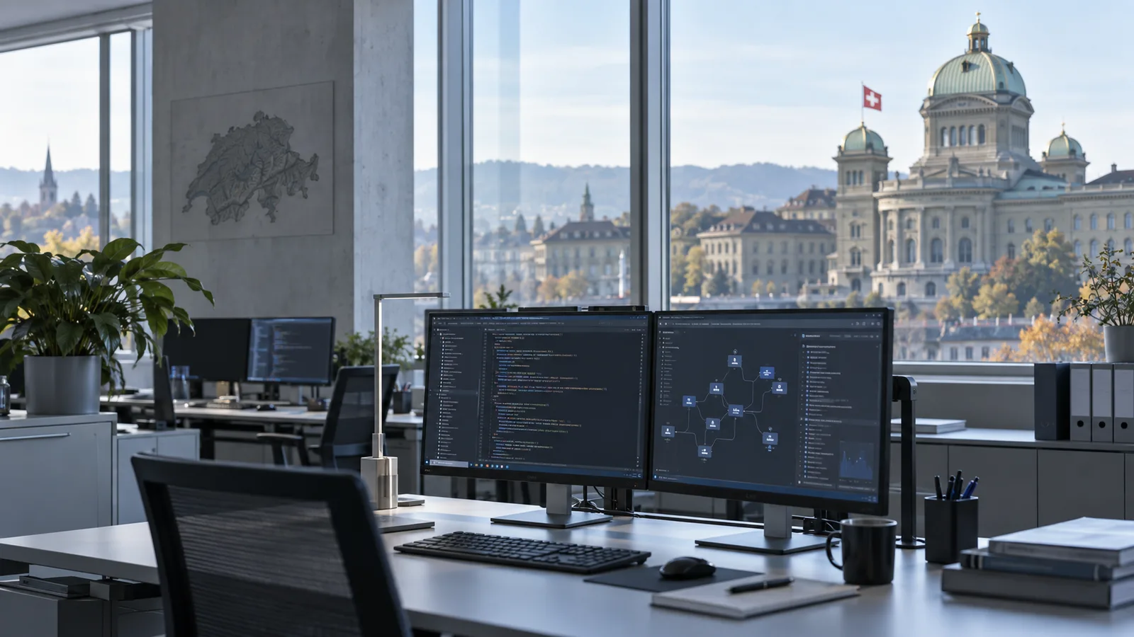 Moderner Arbeitsplatz der Bundesverwaltung mit offenen Software-Oberflächen und dem Bundeshaus im Hintergrund.