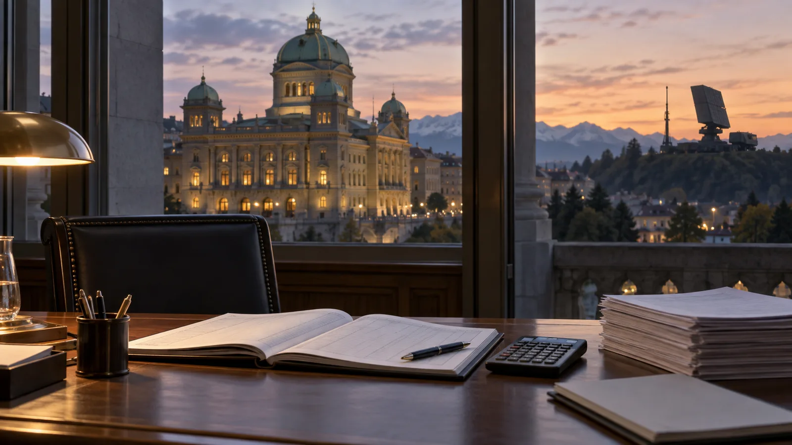 Ein offenes Haushaltsbuch und ein Taschenrechner stehen vor dem Bundeshaus; in der Ferne ist eine militärische Radaranlage zu sehen.