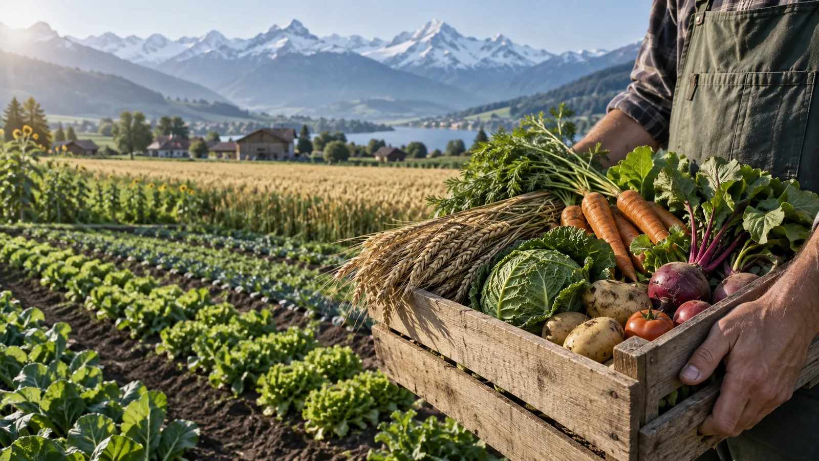 Schweizer Landwirtschaft mit Gemüse, Getreide und Hoflandschaft als Symbol für die Ernährungssicherheit.