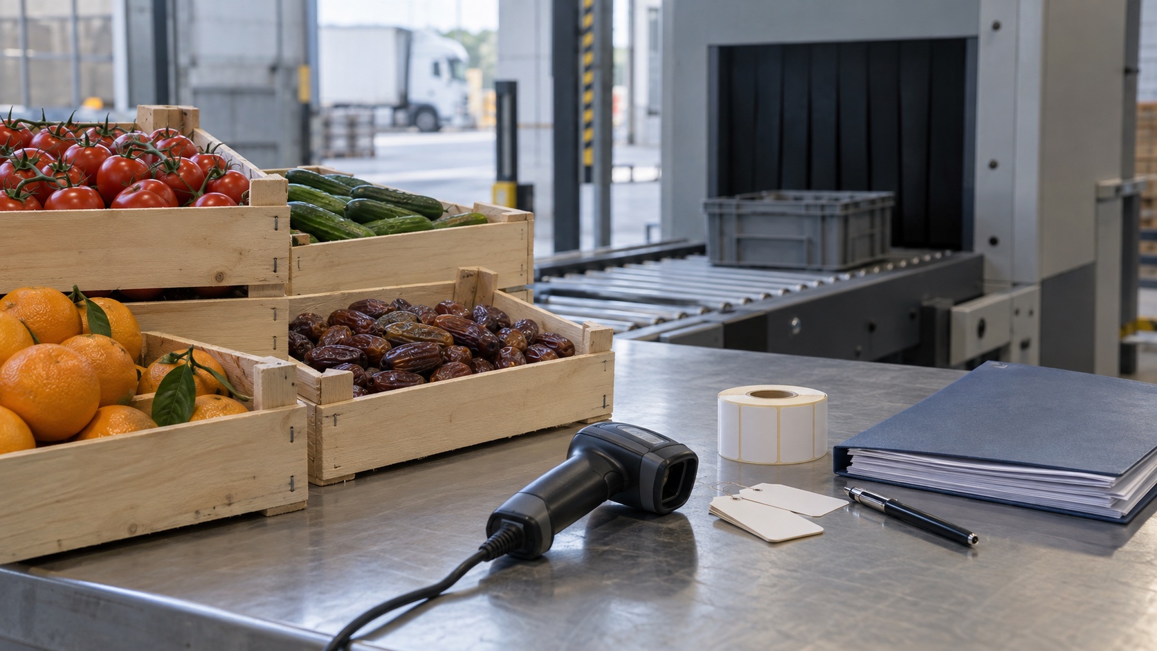 Unbeschriftete Obst- und Gemüsekisten stehen an einer Zollkontrollstelle neben Scanner und Aktenmappe.