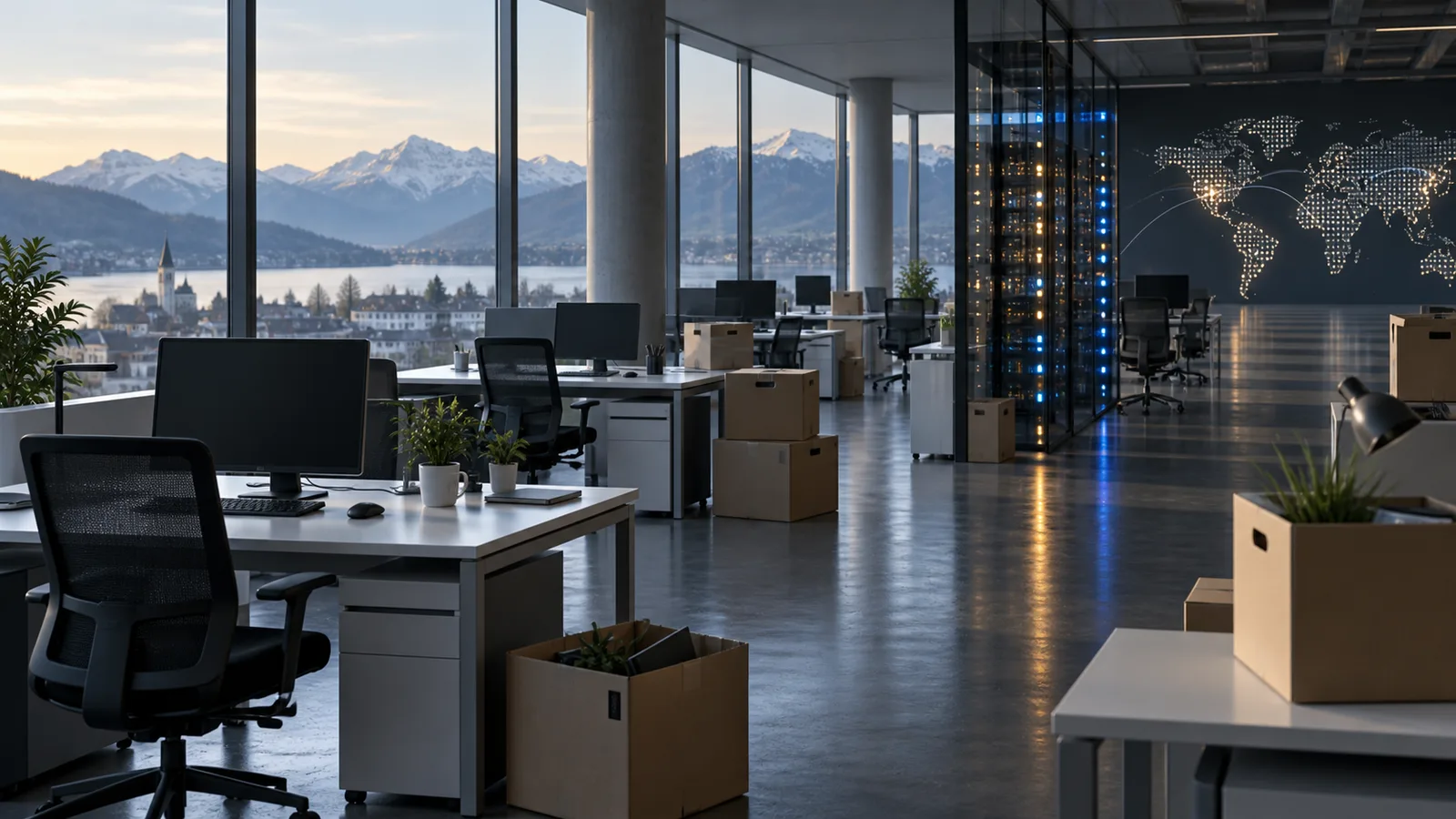 Ein teilweise geräumtes Technologie-Büro mit Servern und Umzugskartons vor der Zuger Berglandschaft.