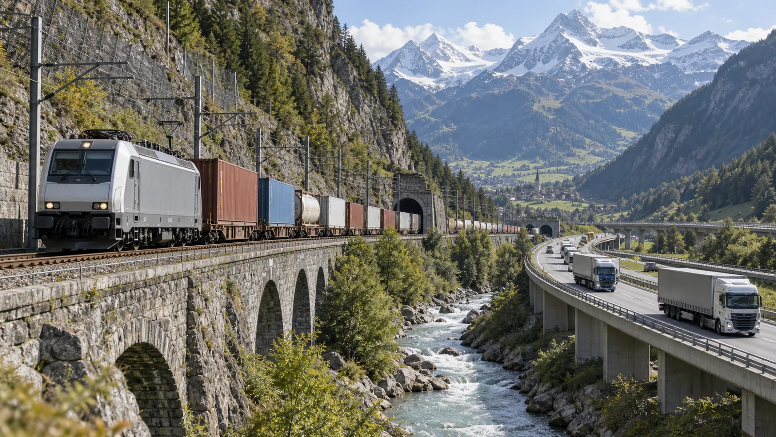 Ein Güterzug und mehrere Lastwagen queren parallel ein Schweizer Alpental.