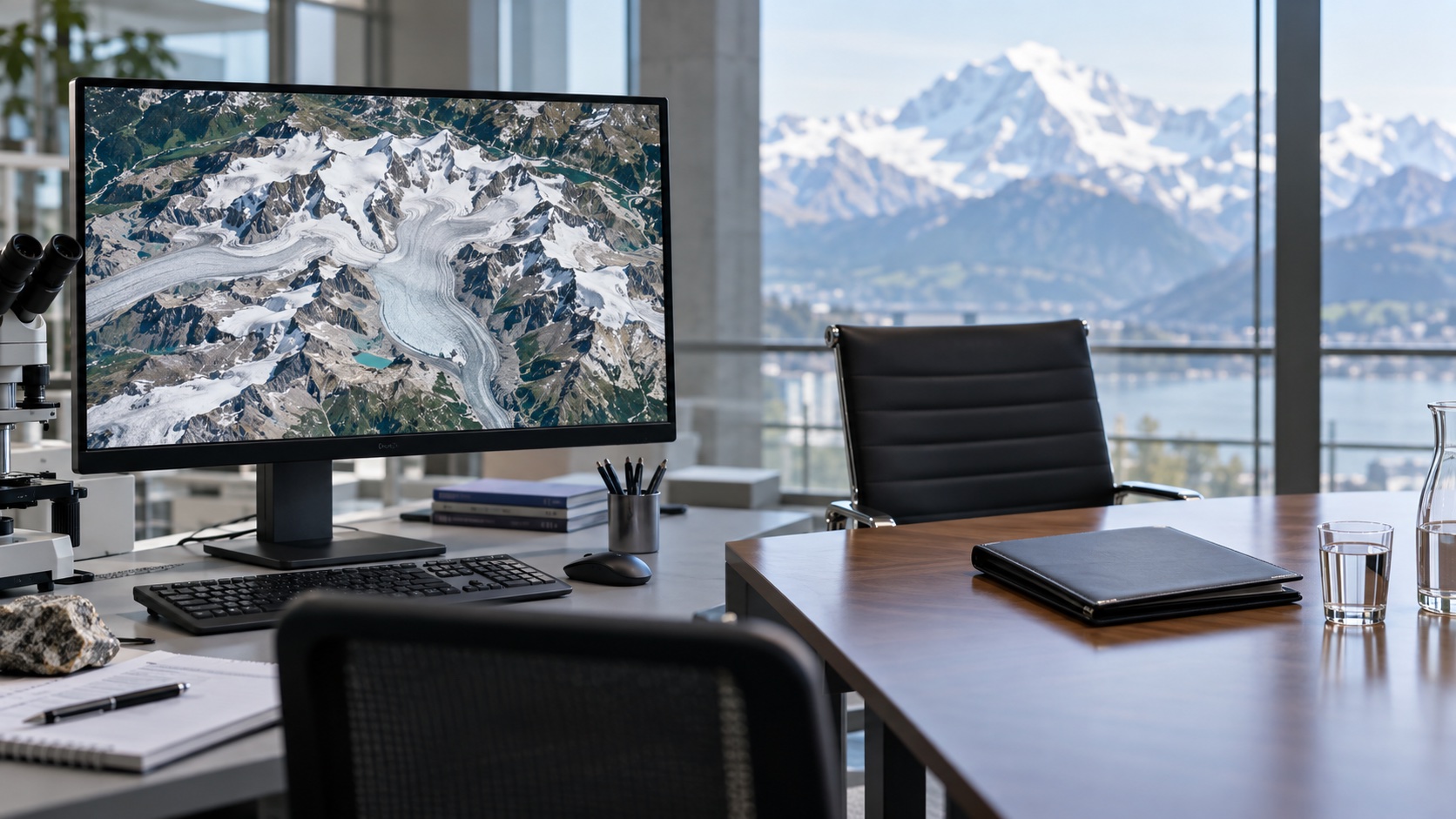 Ein Monitor zeigt die Satellitenaufnahme eines Alpengletschers neben einem leeren Besprechungsplatz.