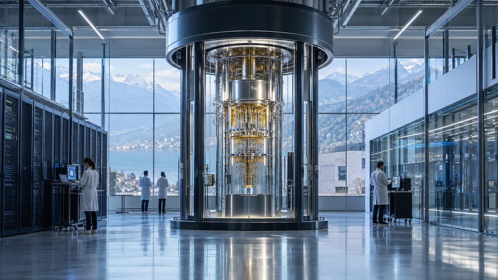 Ein Quantencomputer steht in einem modernen Rechenzentrum vor der Tessiner Berglandschaft.
