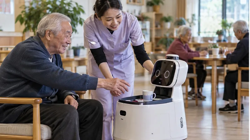 Älterer Mann und Pflegefachfrau testen gemeinsam einen kleinen Assistenzroboter.