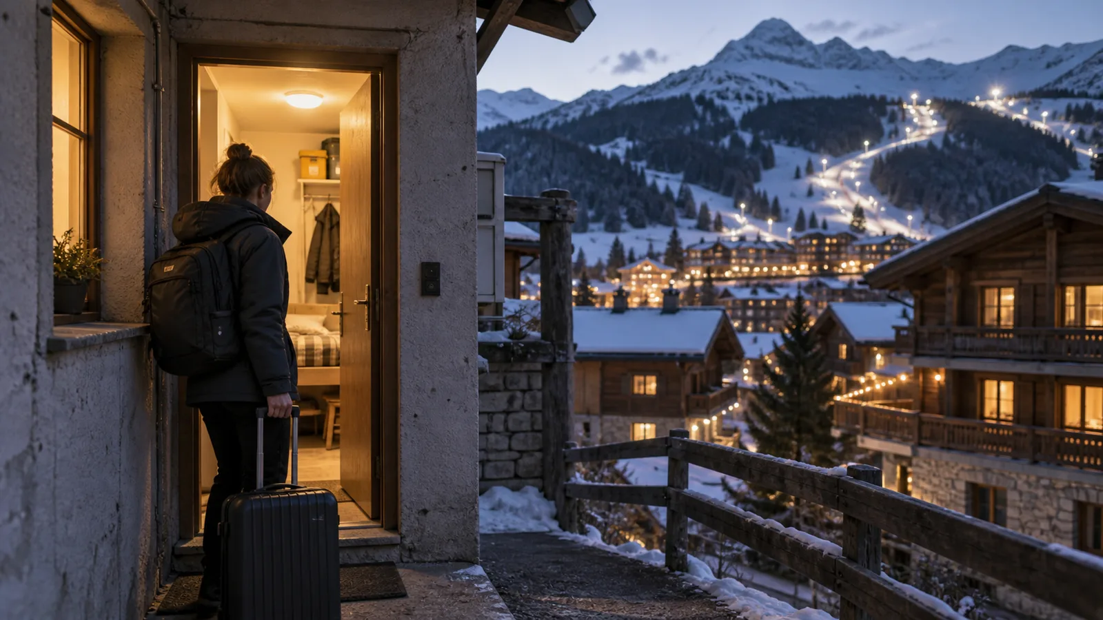 Eine Saisonarbeiterin betritt mit Gepäck eine kleine Unterkunft in einem Schweizer Wintersportort.