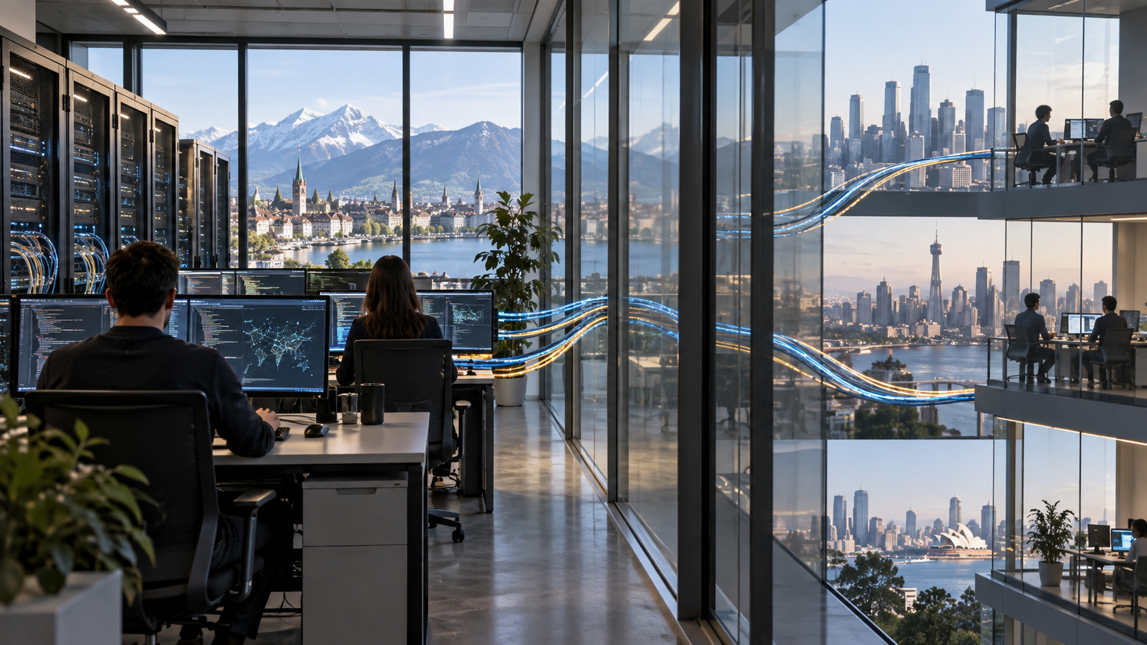 Softwareentwickler arbeiten zwischen Schweizer Servern und visuell verbundenen internationalen Standorten.
