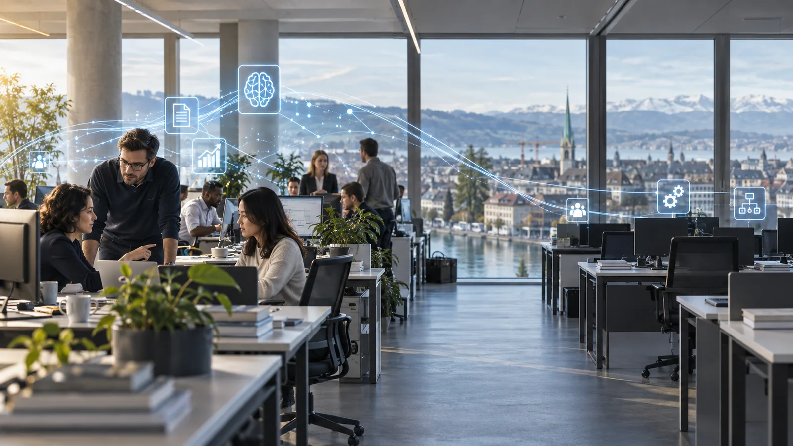 Schweizer Wissensarbeitende in einem modernen Büro zwischen KI-Unterstützung und leeren Arbeitsplätzen.