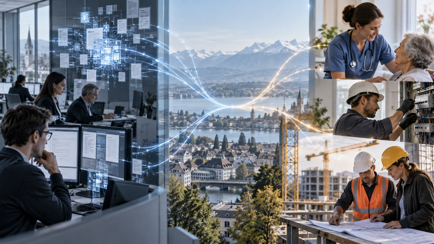 Wissensarbeit, Pflege, Elektro- und Bauarbeit als unterschiedlich von KI betroffene Tätigkeitsfelder in der Schweiz.
